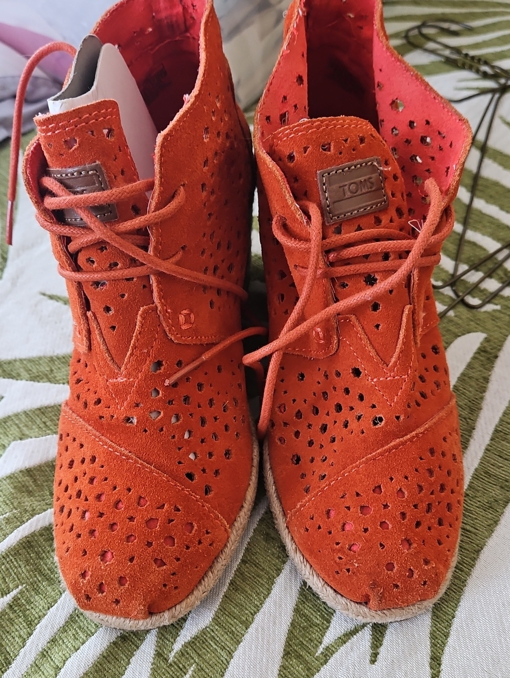 TOMS Orange Suede Perforated Lace-Up Ankle Booties